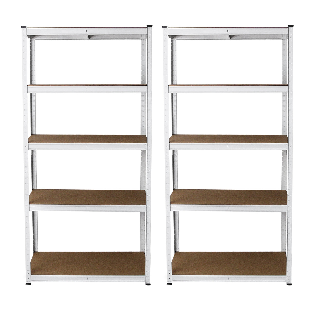 Scaffale da garage ad incastro E-Rax bianco, due pezzi, con ripiani in truciolato marrone, design robusto e funzionale, dimensioni 90cm x 40cm