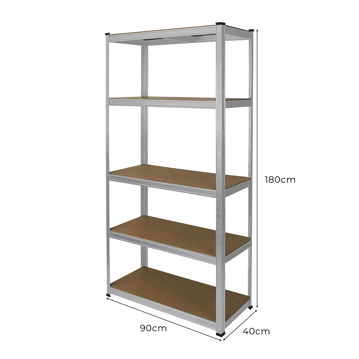 Scaffale da garage galvanizzato con struttura metallica grigia, quattro ripiani in truciolato marrone, dimensioni 90x40cm, altezza 180cm