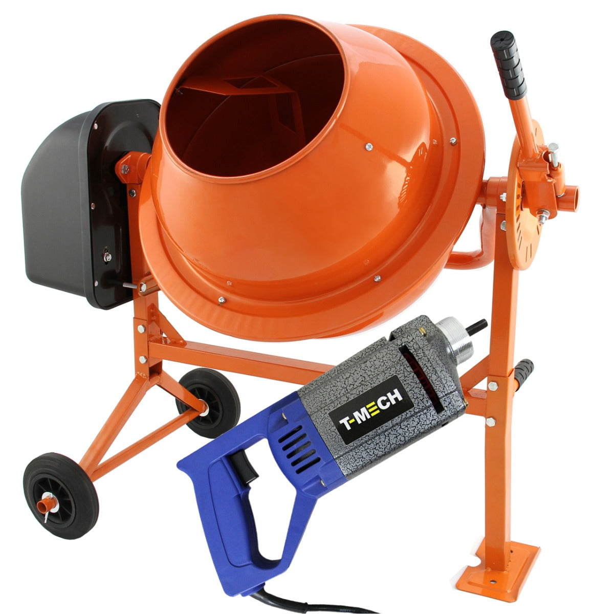 Coclea da terra T-Mech arancione con trapani di diversi diametri e kit di sicurezza, progettata per lavori di giardinaggio e costruzione