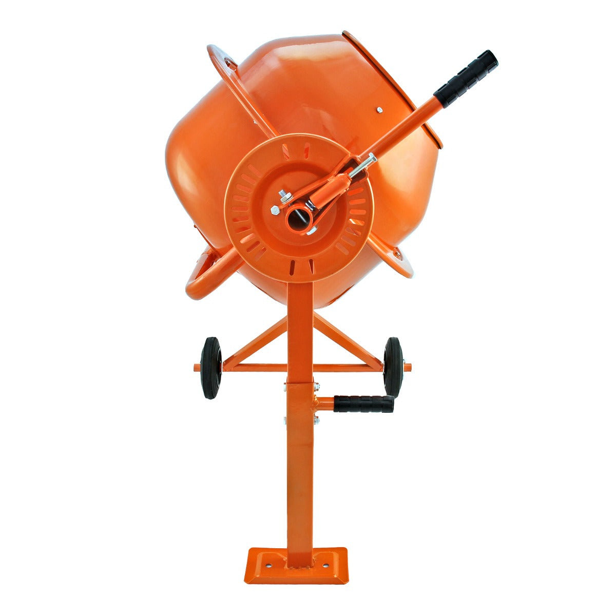 Coclea da terra arancione T-Mech con tre trapani di diametro diverso, montata su un robusto supporto con ruote per facilità di movimento