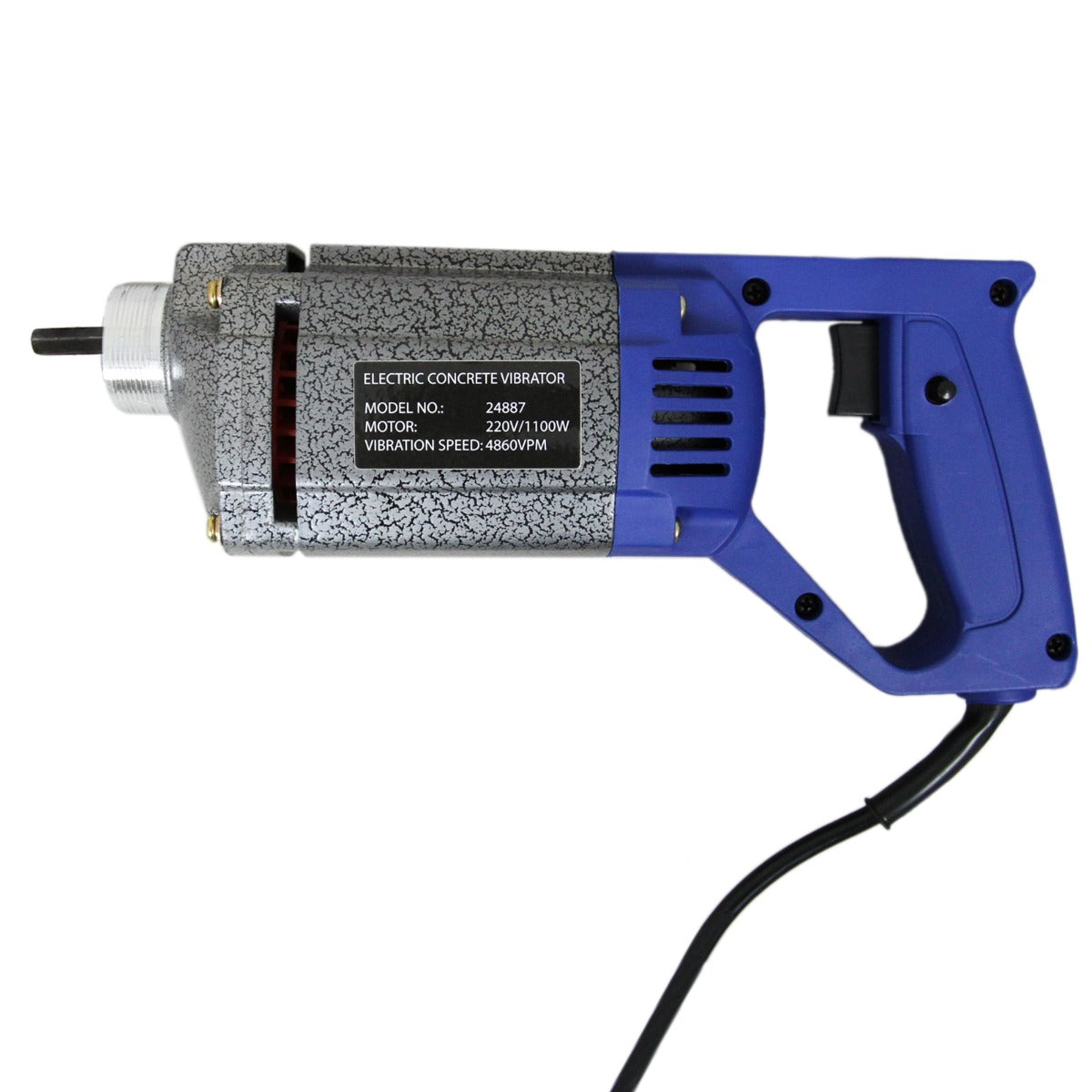 Vibratore elettrico per calcestruzzo con impugnatura blu, corpo grigio, cavo elettrico e specifiche tecniche visibili