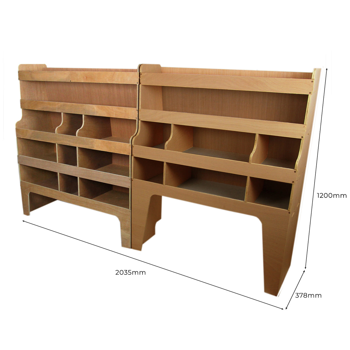 Scaffalature in compensato per furgone Ford Transit Custom, color legno chiaro, con scomparti e dimensioni di 2035mm x 1200mm x 378mm