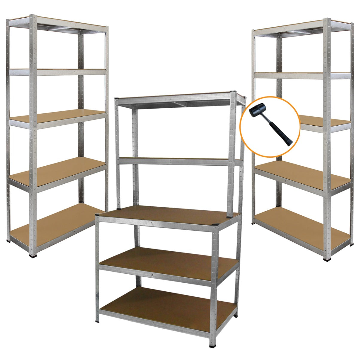 Scaffale da garage galvanizzato ad incastro, con ripiani marroni e un banco da lavoro, incluso un martello, design robusto e funzionale