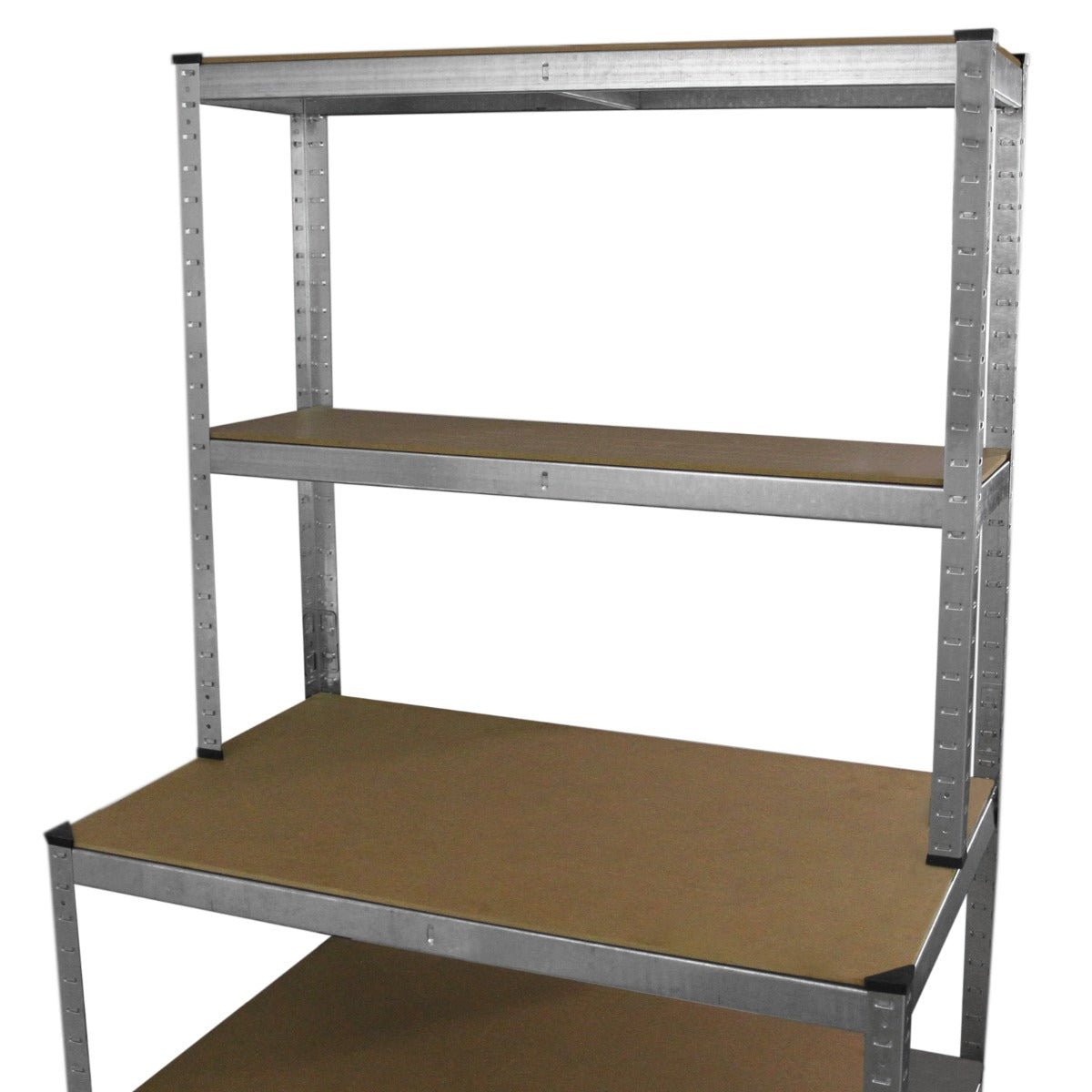 Scaffale da garage galvanizzato con tre ripiani in legno, struttura robusta e finitura metallica, ideale per organizzare attrezzi e materiali