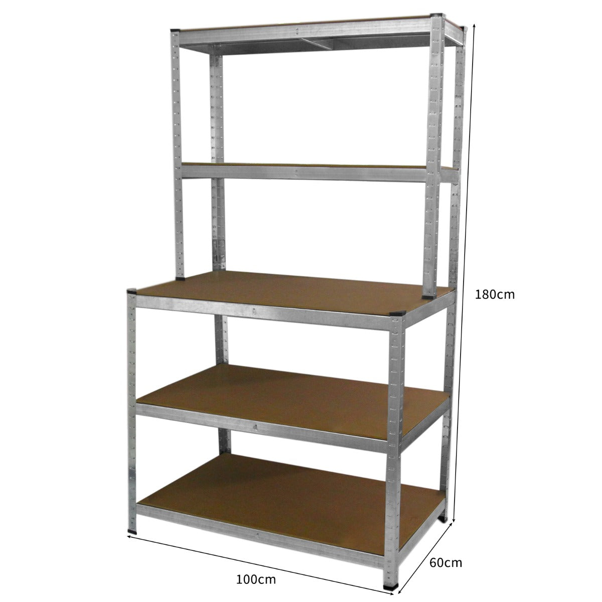 Scaffale da garage galvanizzato con ripiani in legno, struttura robusta, finitura metallica, ideale per organizzare attrezzi e materiali