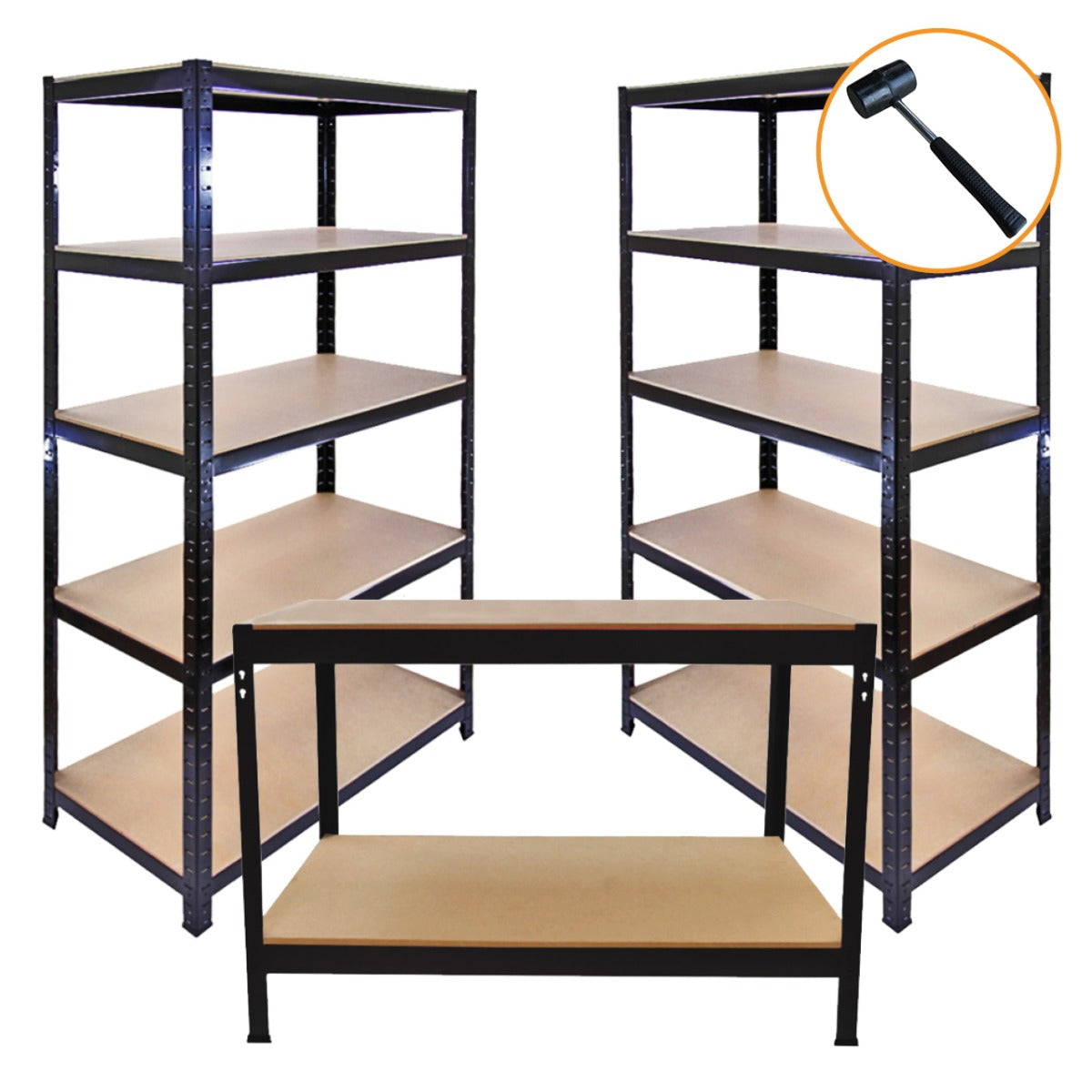 Scaffale da garage nero T-Rax, 90cm x 45cm, composto da 3 pezzi con ripiani in MDF e martello per montaggio incluso