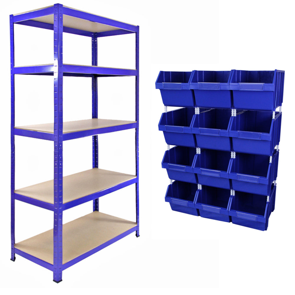 Scaffale T-RAX in acciaio blu, senza bulloni, con ripiani beige e 12 contenitori a bocca di lupo per un'organizzazione efficiente