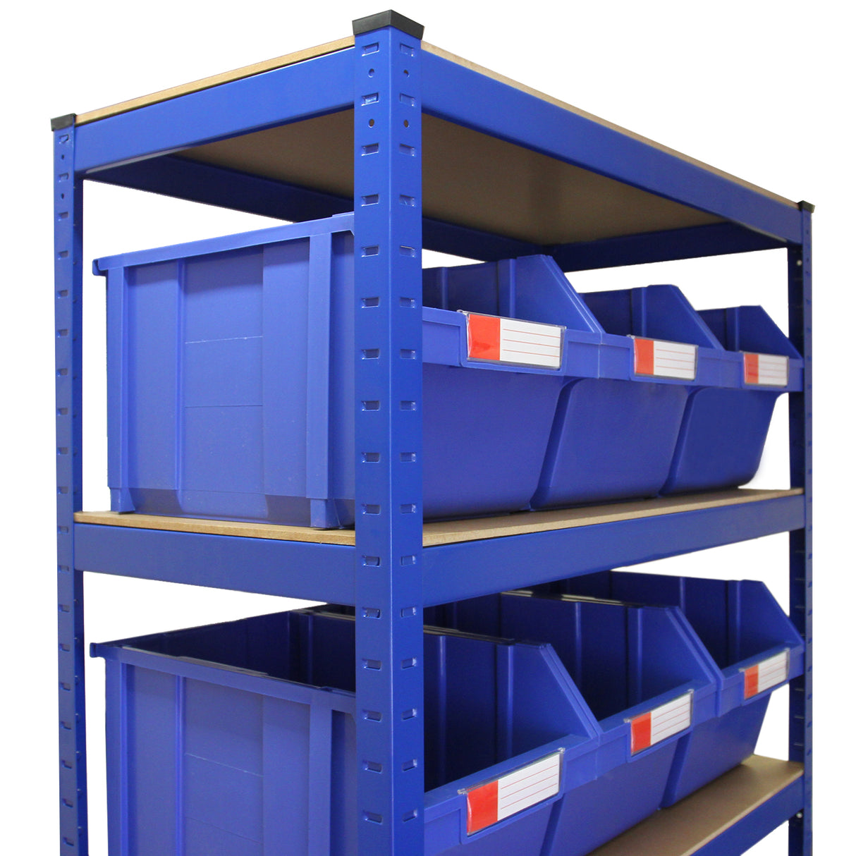 Scaffale T-RAX in acciaio blu, con 12 contenitori a bocca di lupo, ideale per organizzare spazi di lavoro e magazzini