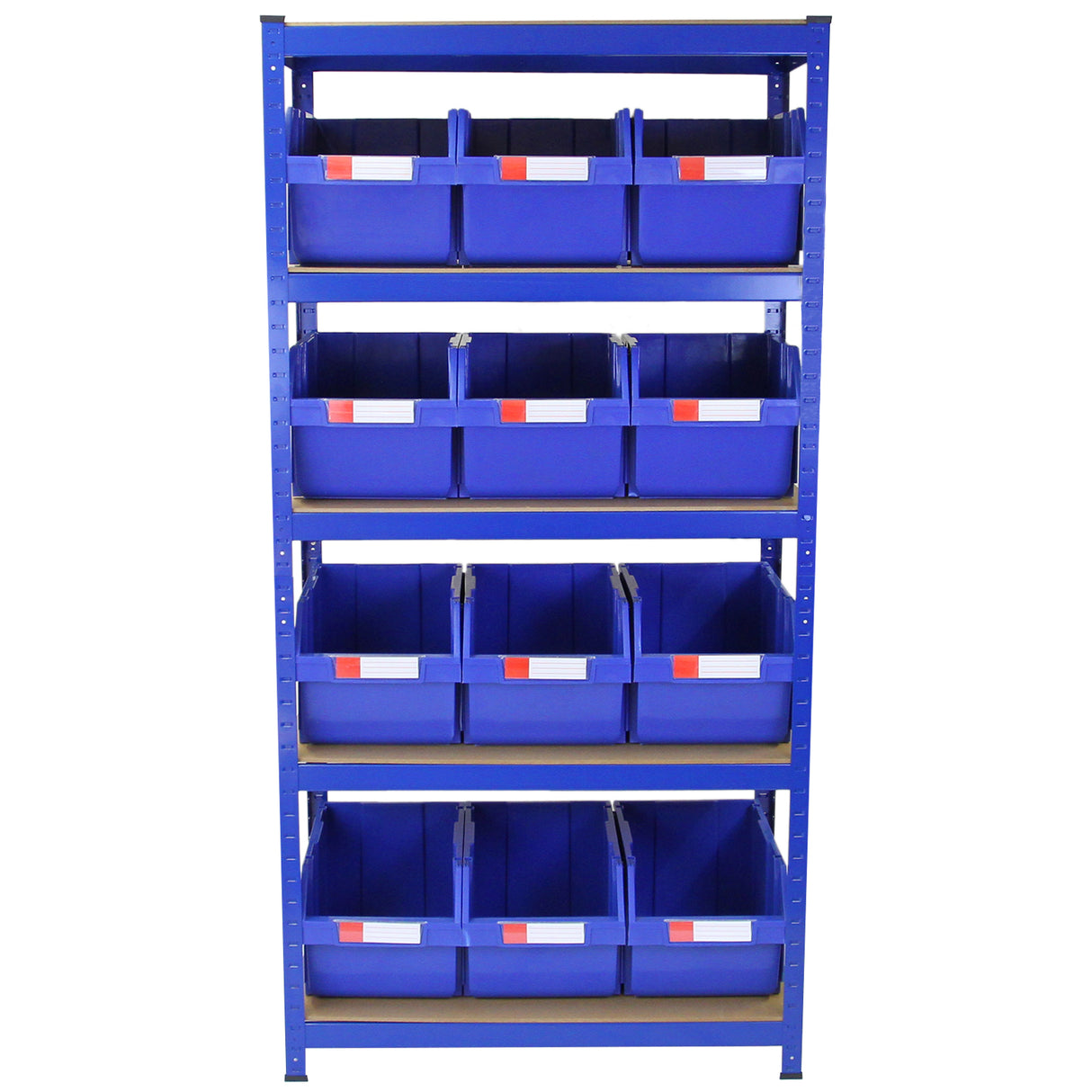 Scaffale T-RAX in acciaio blu, senza bulloni, con 12 contenitori a bocca di lupo, ideale per organizzare spazi di lavoro e magazzini