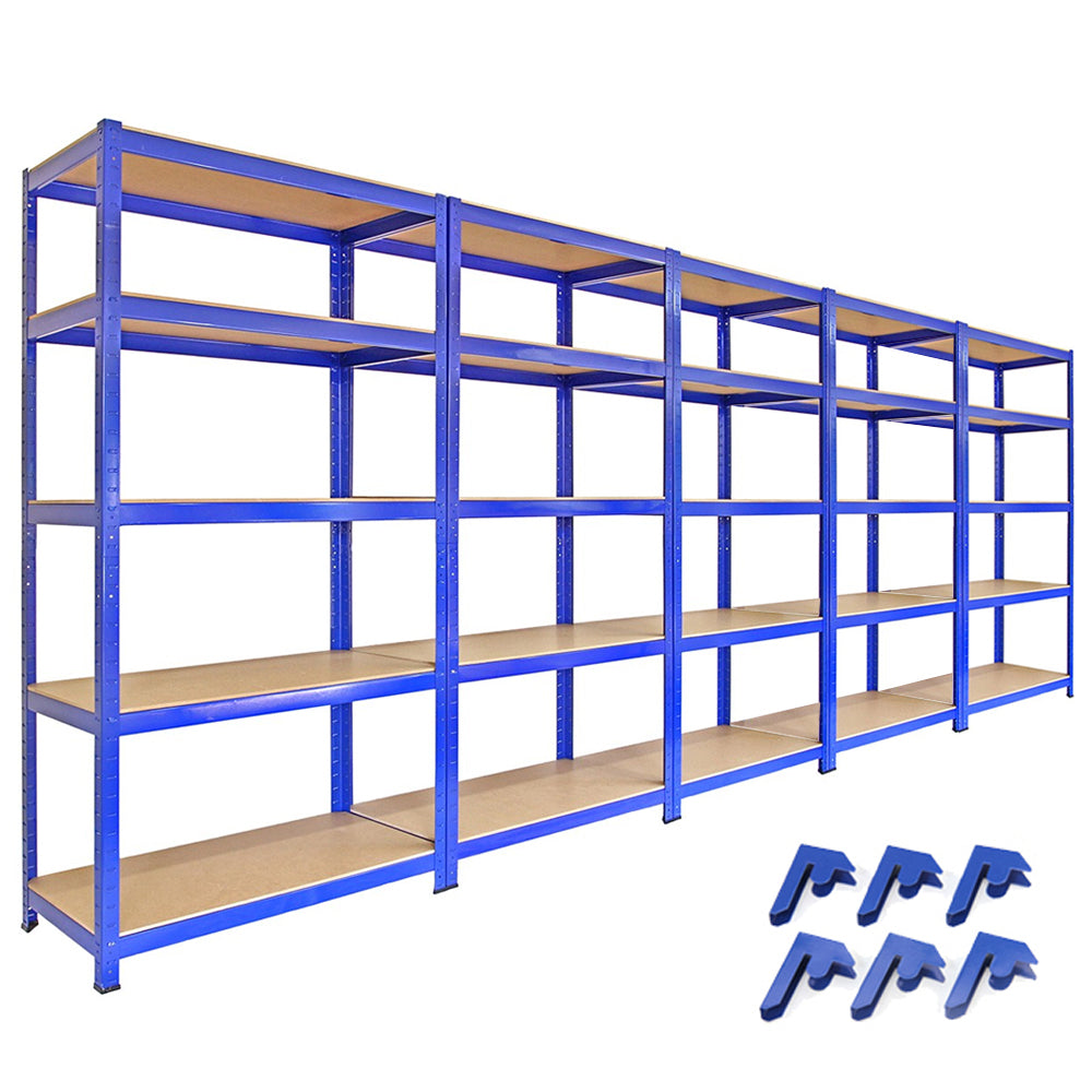 Scaffale da garage blu in metallo, 90cm x 45cm, con cinque ripiani in legno e connettori, ideale per organizzare spazi di lavoro