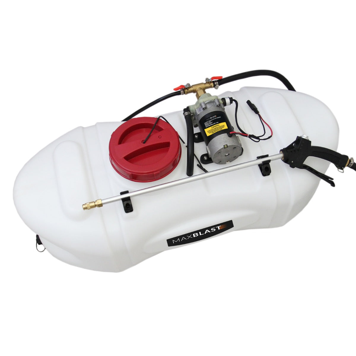 Rimorchio ATV fuoristrada con spruzzatore bianco da 60 litri, dotato di pompa e manico, ideale per giardinaggio e agricoltura