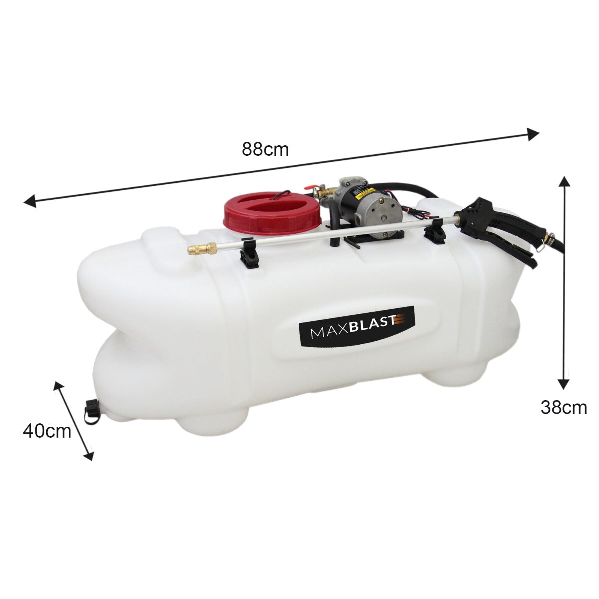 Rimorchio ribaltabile ATV con serbatoio bianco da 60 litri, dotato di pompa e attacchi per l'irrorazione, dimensioni 88x40x38 cm