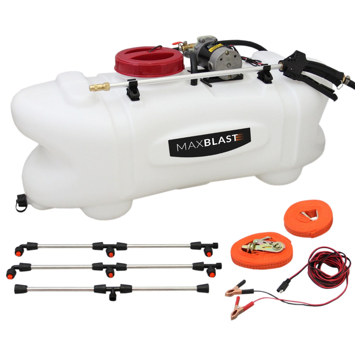 Rimorchio ATV fuoristrada con serbatoio bianco da 100 litri, spruzzatore, tubi metallici e accessori arancioni per uso pratico