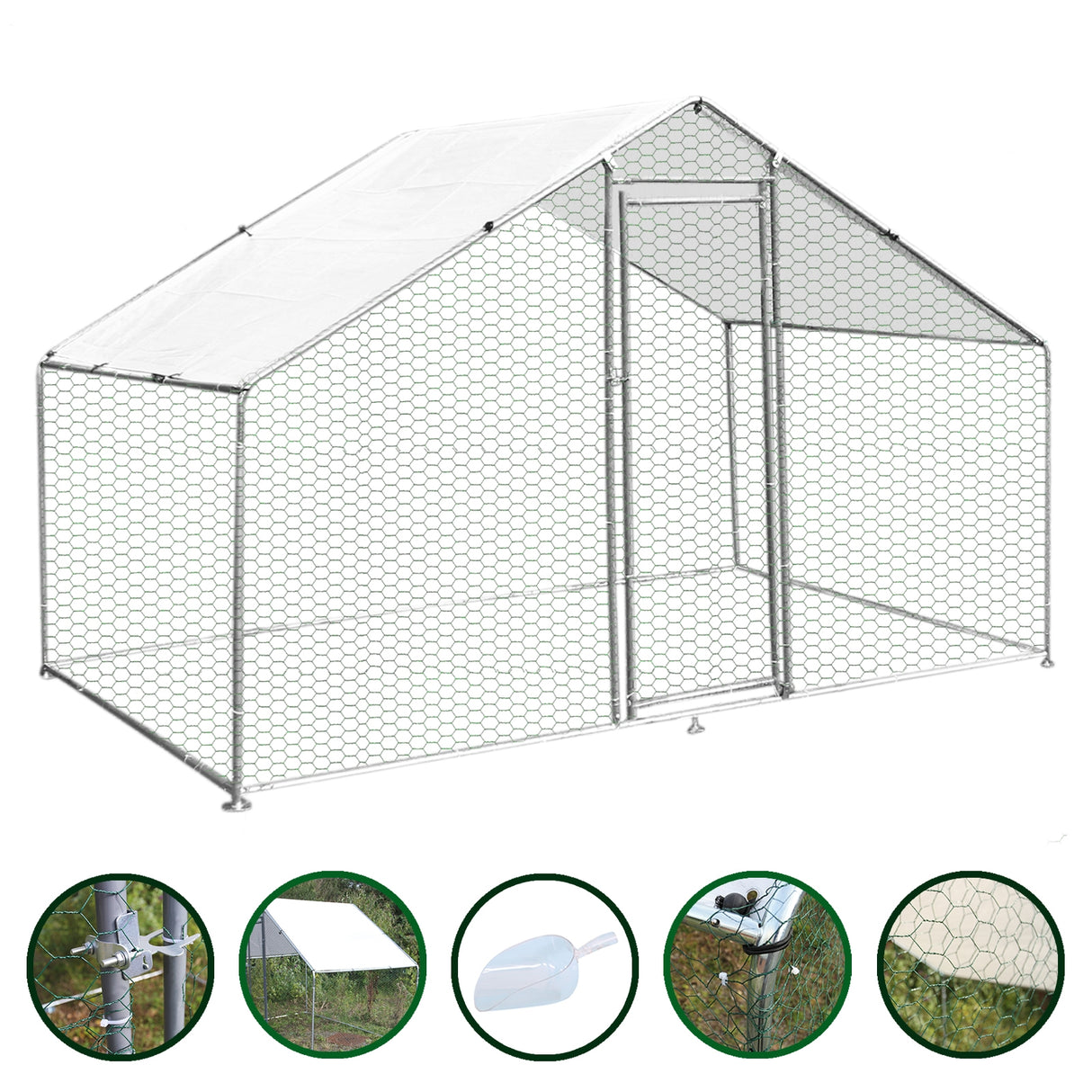 Recinzione per pollaio 3x2m in rete metallica, struttura robusta, tetto bianco impermeabile, ideale per animali da esterno