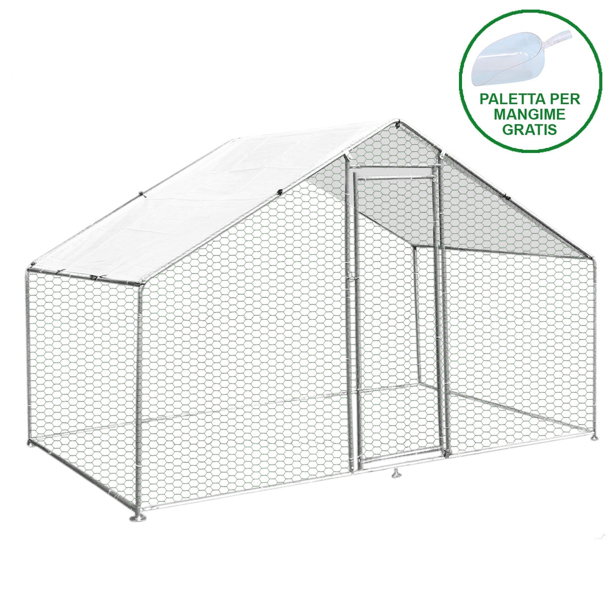 Recinzione per pollaio 3x2m in rete metallica con tetto bianco, struttura robusta e porta d'accesso per allevamento animali da esterno