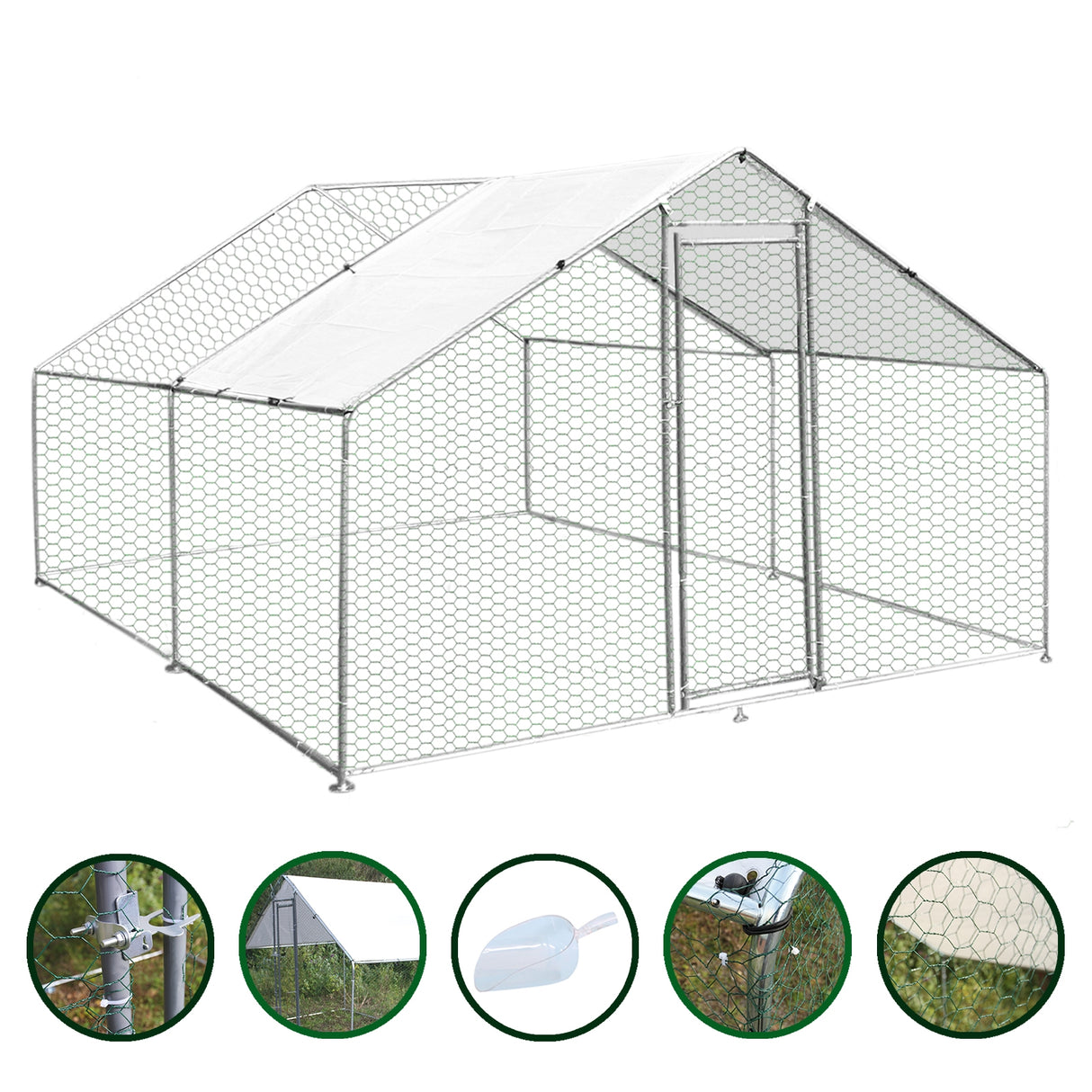 Recinzione per pollaio 3x4m in rete metallica, struttura robusta con tetto bianco, ideale per allevamento di animali all'aperto