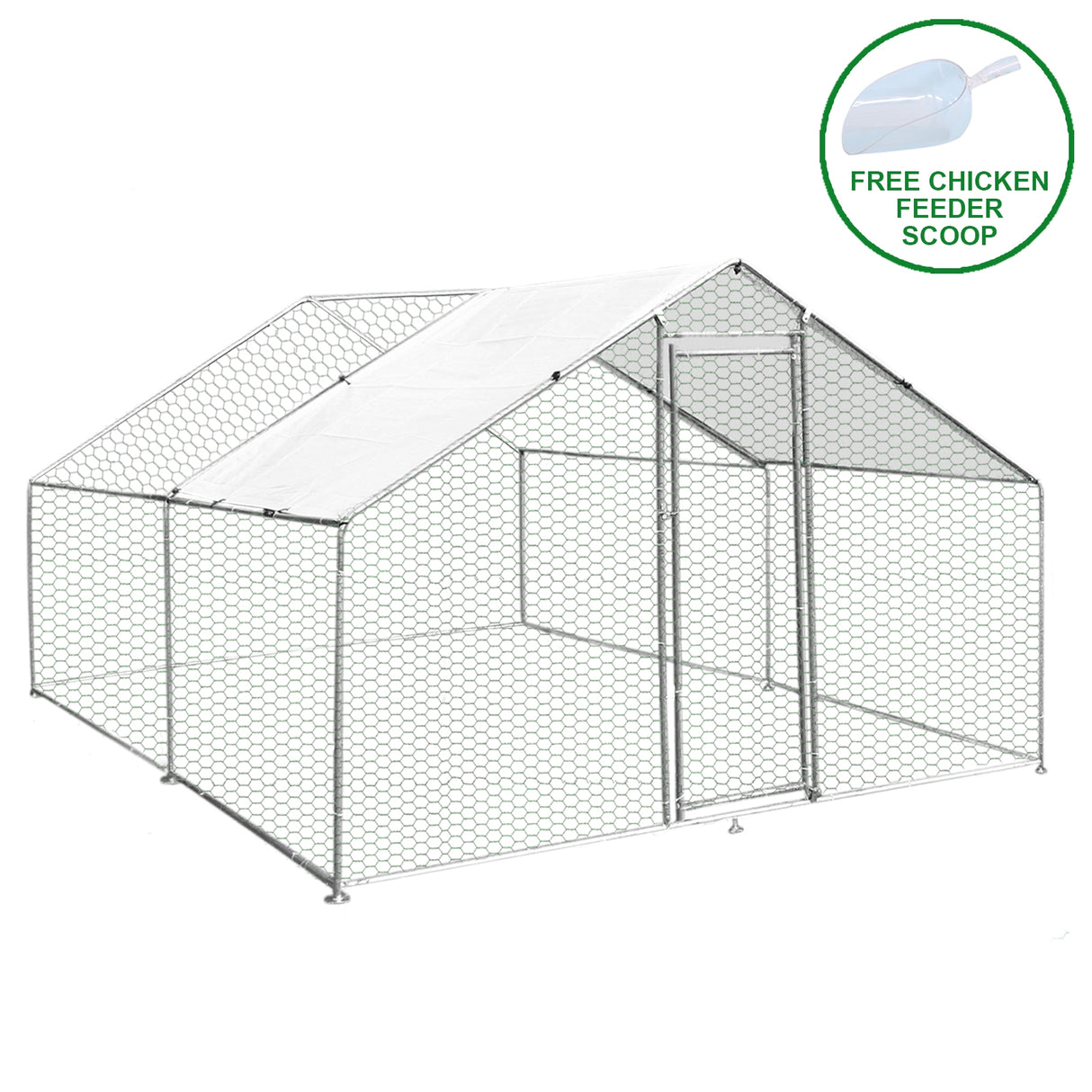 Recinzione per pollaio 3x4m in rete metallica grigia, con tetto bianco e porta d'accesso, ideale per allevamento di animali all'aperto