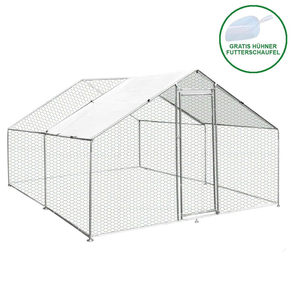 Recinzione per pollaio 3x4m in rete metallica galvanizzata, struttura robusta con tetto bianco e porta d'accesso per animali da esterno