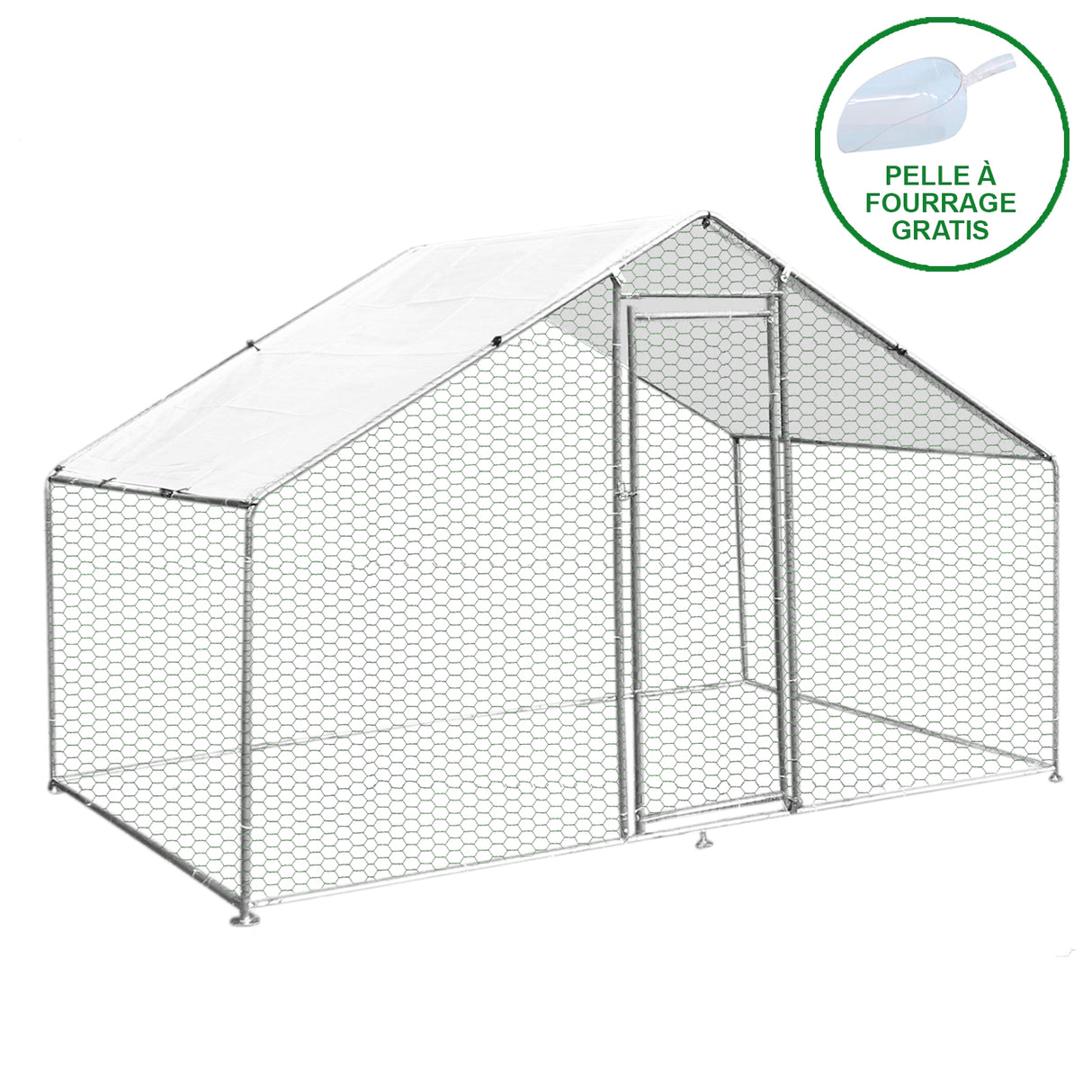 Recinzione per pollaio in rete metallica, struttura a forma di capanna, con tetto bianco e porta d'accesso, ideale per animali da esterno
