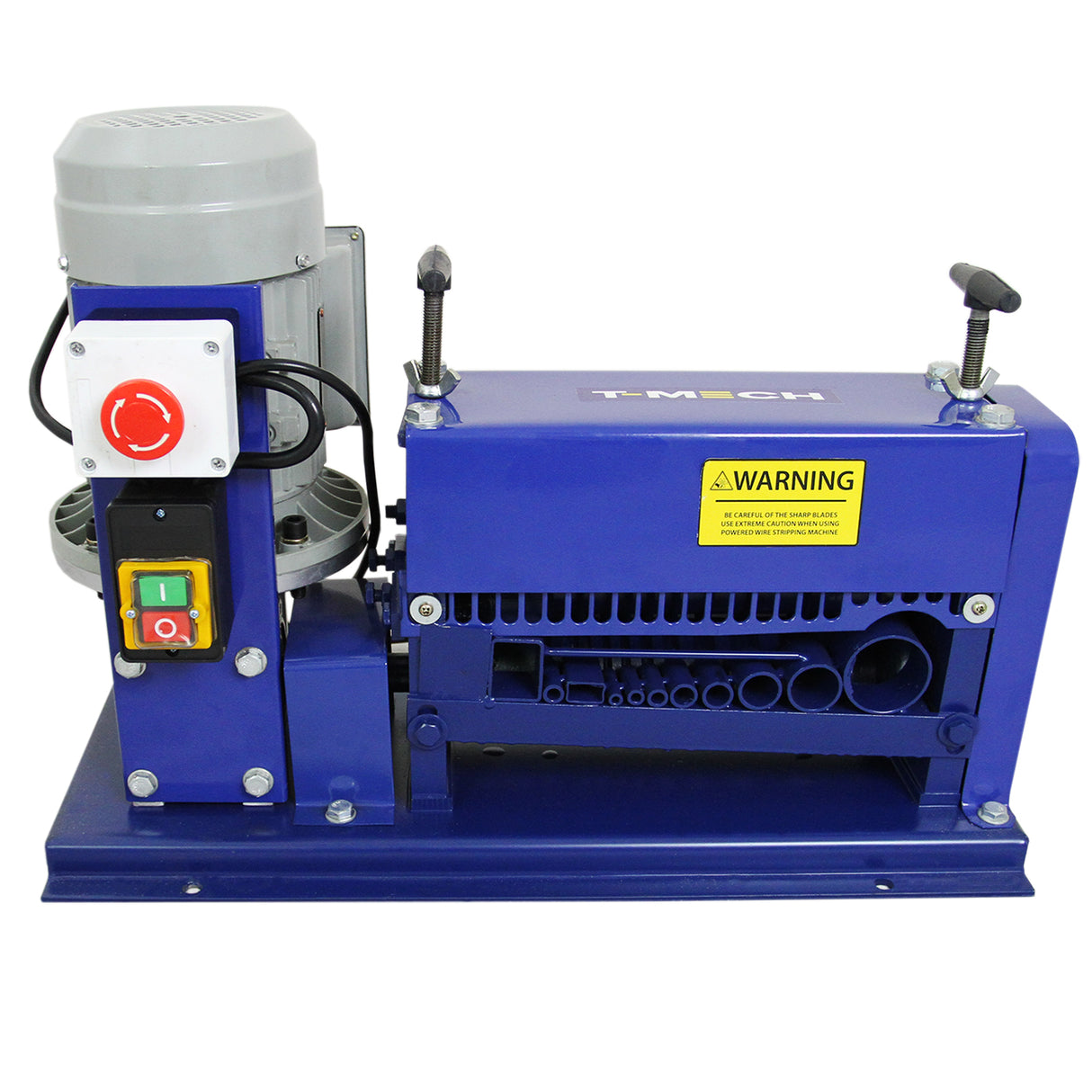 Spella cavi automatica T-Mech 38mm, struttura blu robusta, motore grigio, pulsanti colorati e avviso di sicurezza giallo prominente