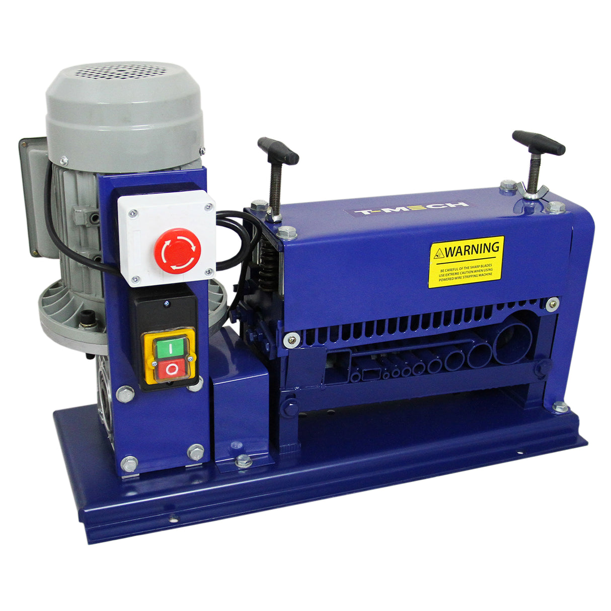 Spella cavi automatica T-Mech 38mm, struttura robusta blu, motore grigio, pulsanti colorati e avviso di sicurezza giallo