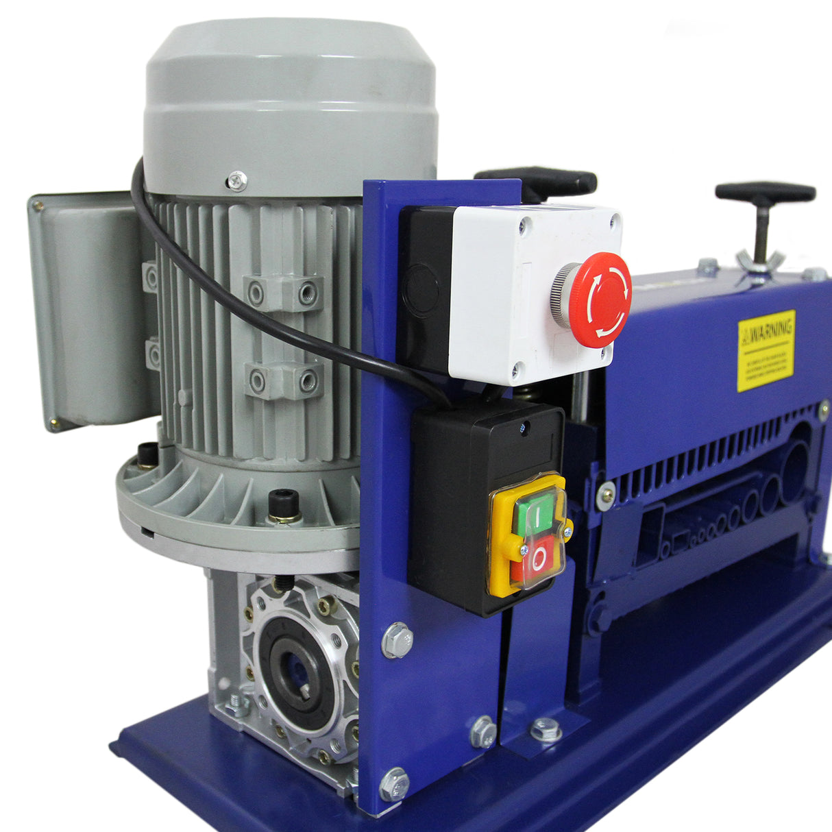 Spella cavi automatica T-Mech 38mm, con motore grigio, struttura blu, pulsanti colorati e dettagli metallici, progettata per precisione e robustezza