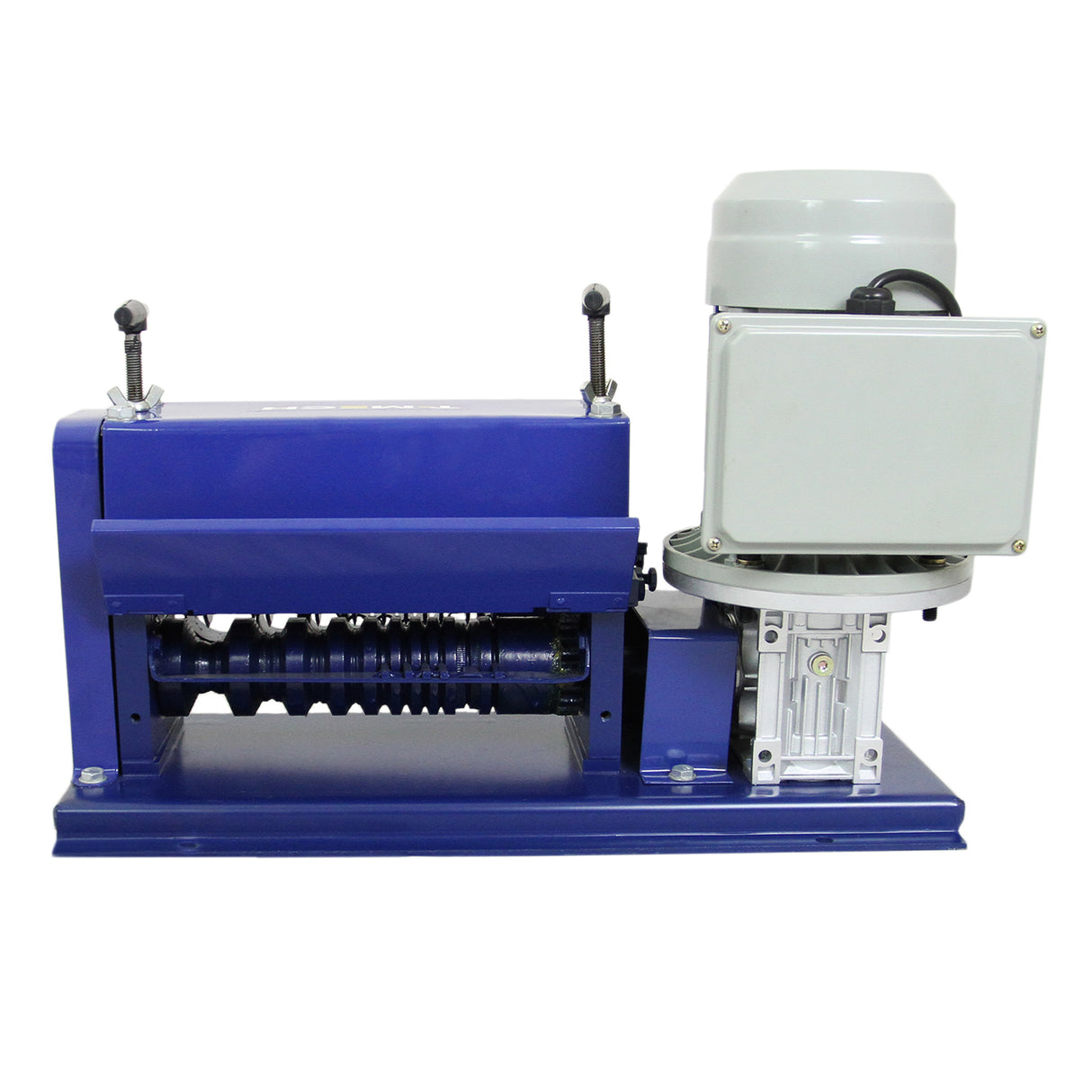 Spella cavi automatica T-Mech 38mm, con struttura blu, motore grigio e rulli per la lavorazione dei cavi, design robusto e funzionale