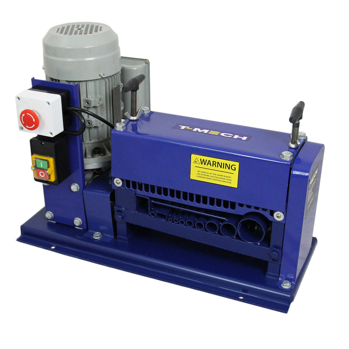 Spella cavi automatica T-Mech 38mm, struttura blu, motore grigio, pulsanti colorati e avviso di sicurezza giallo sul lato
