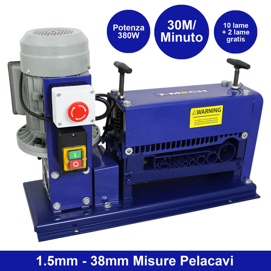 Macchina pelacavi TMTECH in blu, potenza 380W, con motore, pulsanti colorati e maniglie, adatta per misure da 1.5mm a 38mm