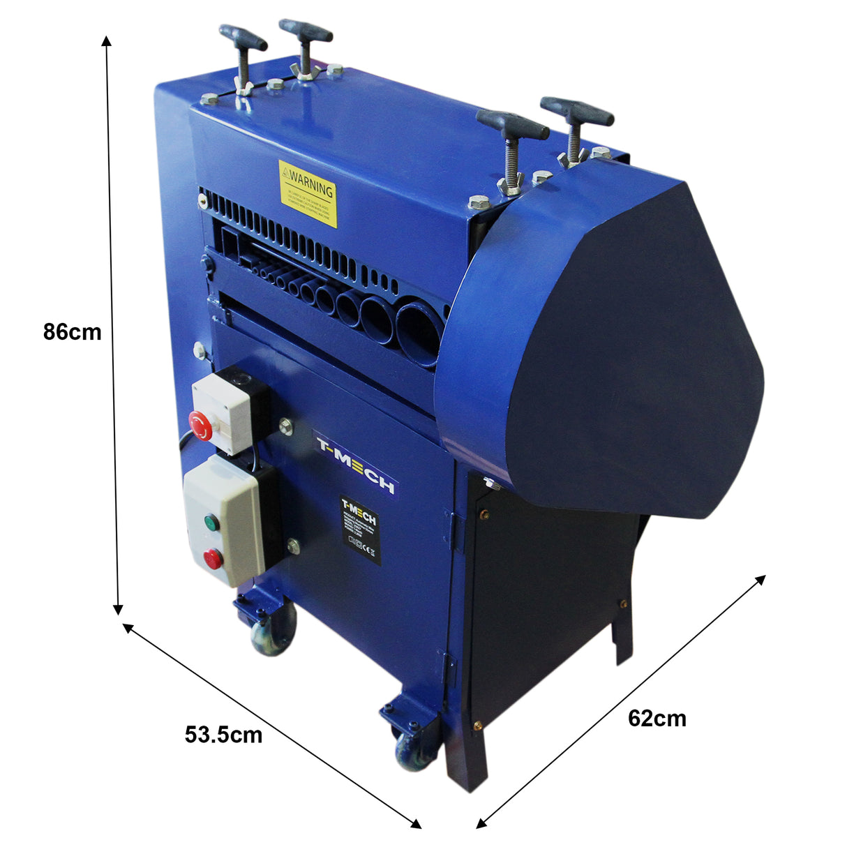 Spella cavi automatica T-Mech 55mm, struttura blu, ruote per mobilità, maniglie superiori, design robusto e compatto per uso industriale