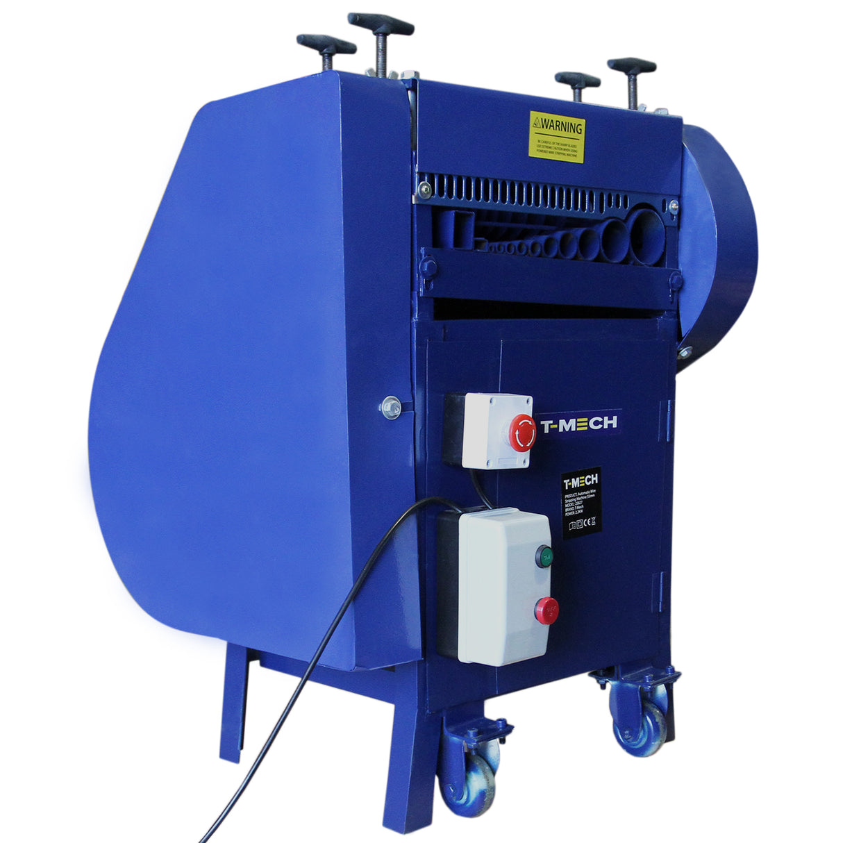 Spella cavi automatica T-Mech 55mm, struttura blu robusta, ruote per mobilità, pulsanti di controllo e avviso di sicurezza visibile