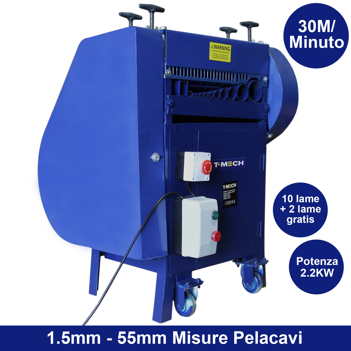 Spella cavi automatica T-Mech, blu, con ruote, capacità 55mm, potenza 2.2KW, dotata di 10 lame e 2 lame gratuite, ideale per lavori elettrici