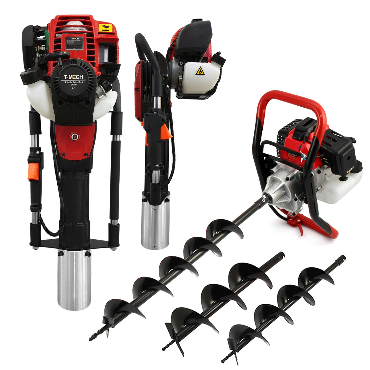 Trivella T-Mech per la terra con motore a 4 tempi, manico rosso, punte metalliche e design robusto per montaggio di pali