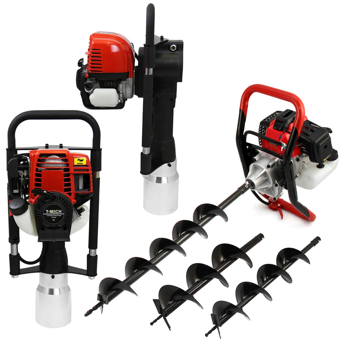Trivella T-Mech a 4 tempi, motore rosso e nero, con punte metalliche, progettata per forare la terra e montare pali, robusta e versatile