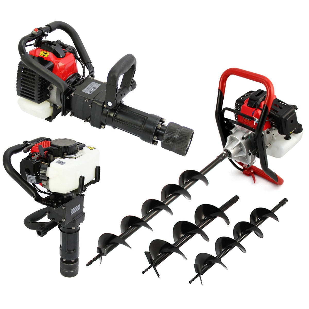 Trivella e battipalo a 2 tempi T-Mech con motore rosso e nero, manico ergonomico e punte di diverse dimensioni per forare il terreno