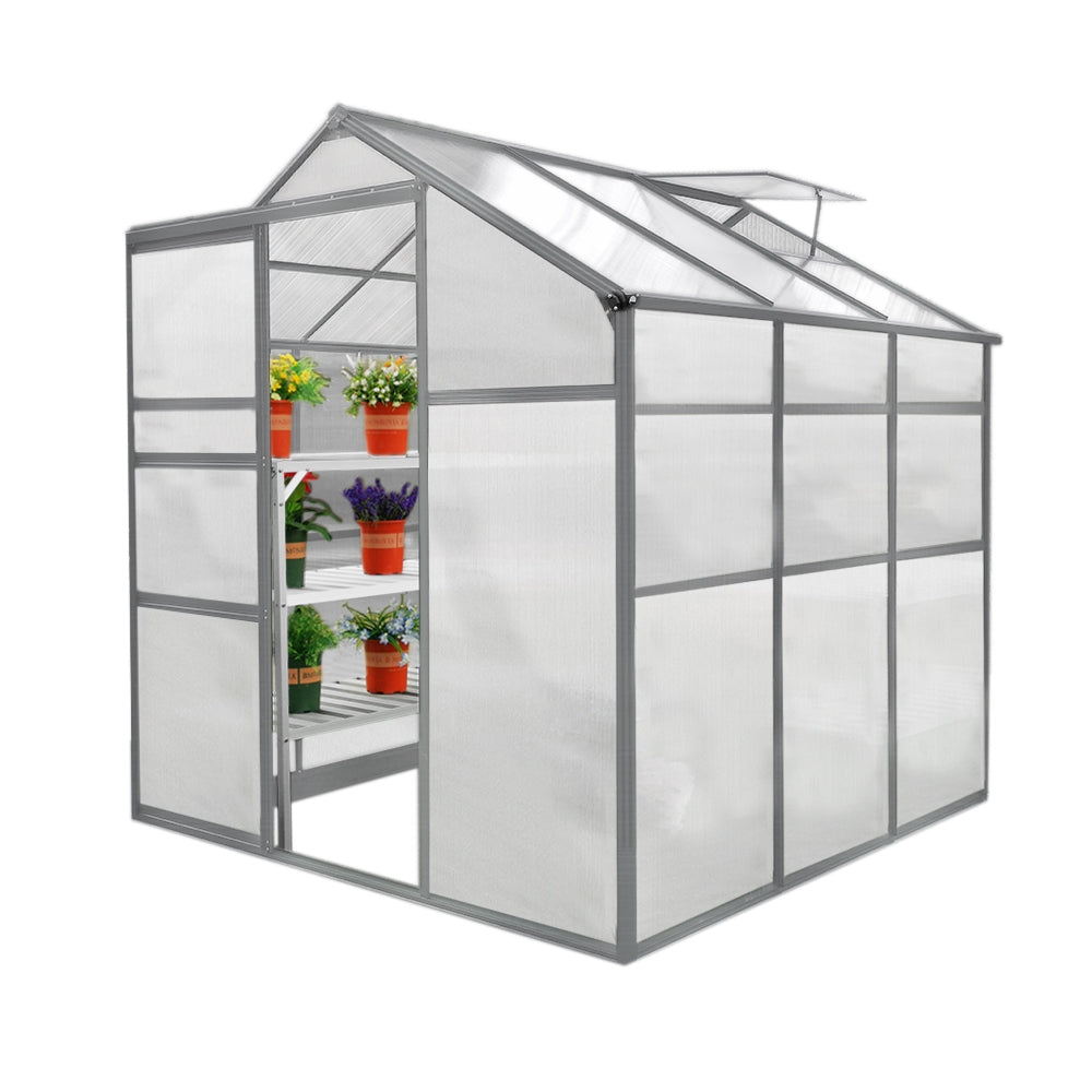 Serra da giardino grigia 1.8m x 1.8m con struttura in metallo, pareti trasparenti e ripiani per piante, ideale per coltivazione indoor