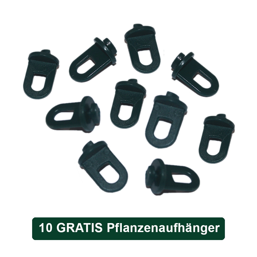 Dieci ganci neri per piante, realizzati in plastica resistente, con design pratico per appendere facilmente le piante in serra