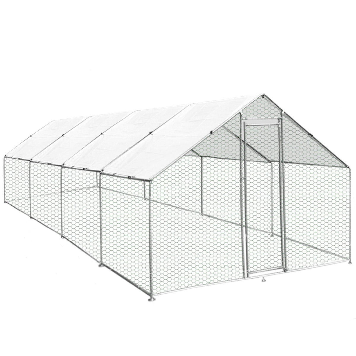 Recinzione per pollaio 3x8m in rete metallica con tetto bianco, ideale per allevamento di animali da esterno, resistente e spaziosa