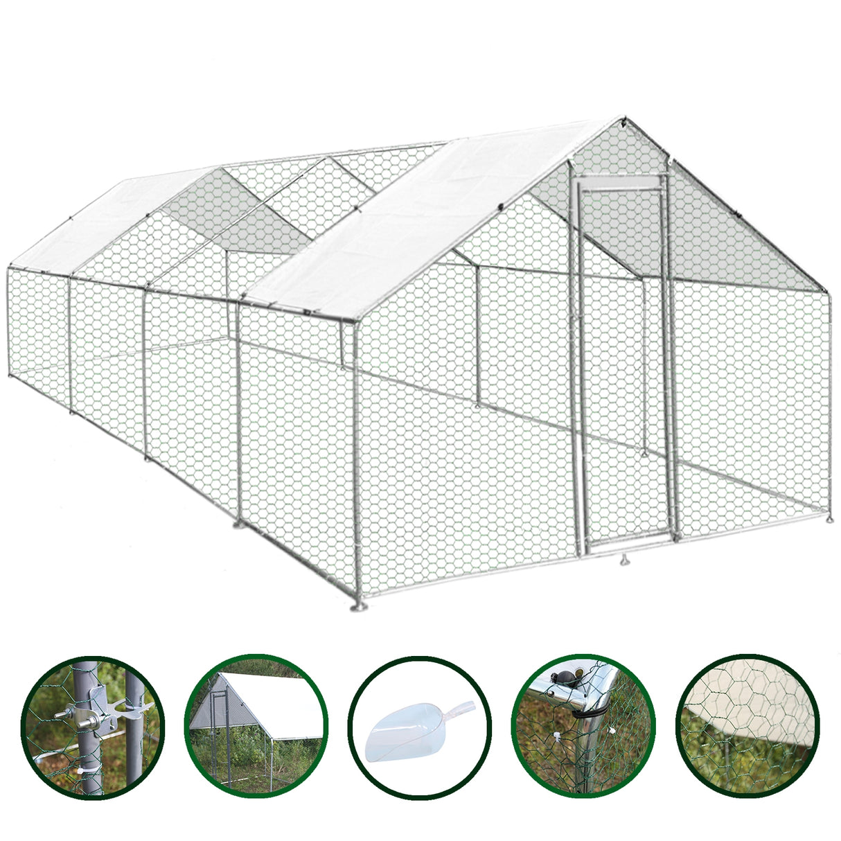 Recinzione per pollaio 3x8m in rete metallica grigia con tetto bianco, ideale per allevamento di animali all'aperto, resistente e spaziosa