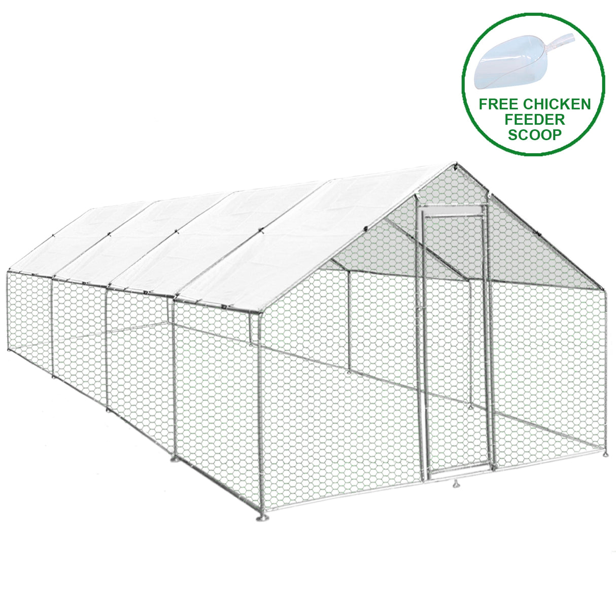 Recinzione per pollaio 3x8m in rete metallica con tetto bianco, struttura robusta e porta per un facile accesso, ideale per animali da esterno