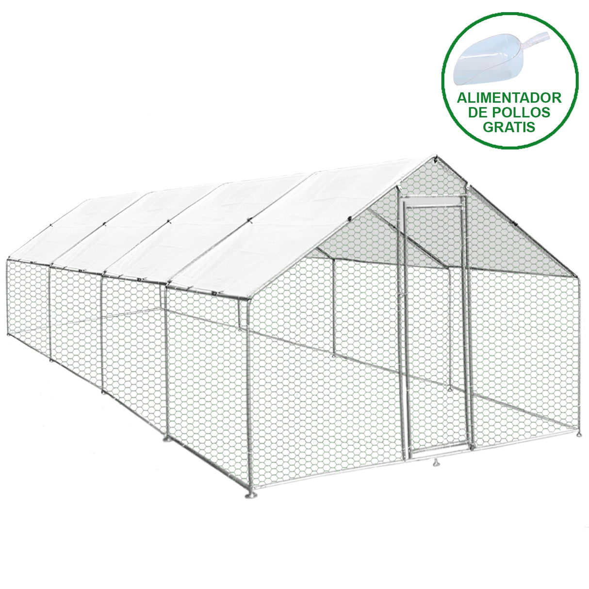 Recinzione per pollaio 3x8m in rete metallica grigia con tetto bianco, ideale per allevamento di animali all'aperto, resistente e spaziosa
