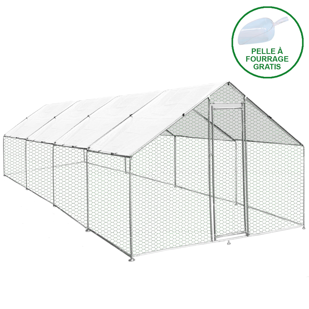 Recinzione per pollai 3x8m in rete metallica grigia con tetto bianco, ideale per allevamento di animali all'aperto, resistente e spaziosa