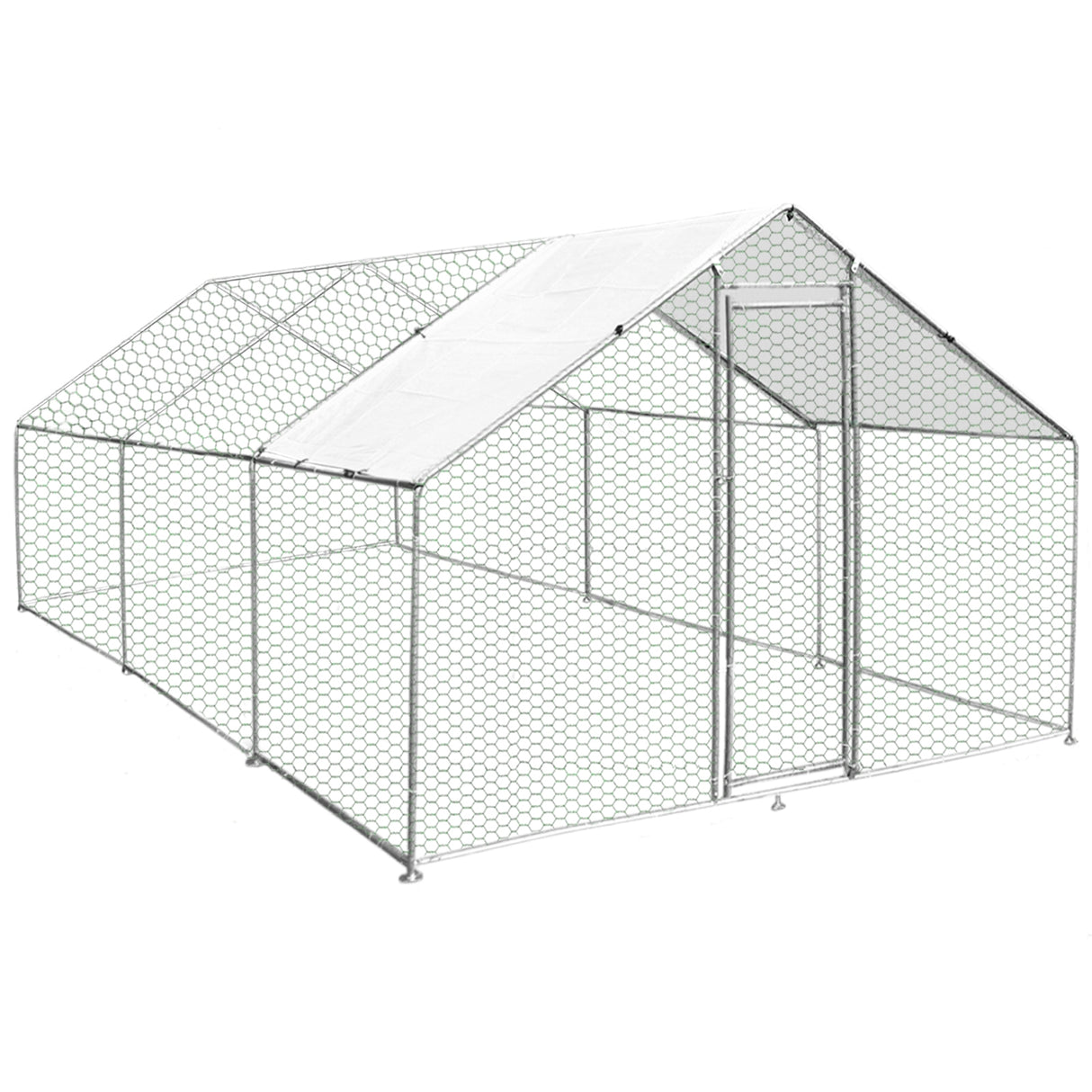 Recinzione per pollaio in rete metallica, struttura 4x6m, tetto bianco, design robusto e spazioso per animali da esterno