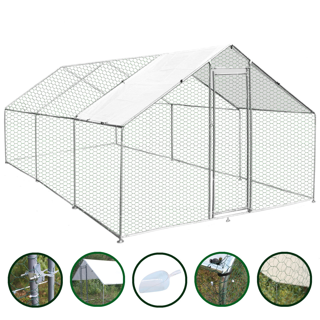 Recinzione per pollaio 4x6m in rete metallica, struttura robusta, tetto bianco impermeabile, ideale per animali da esterno