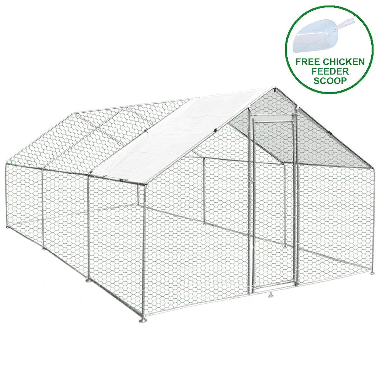 Recinzione per pollaio 4x6m in rete metallica bianca, con tetto in tessuto impermeabile e porta di accesso, ideale per animali da esterno