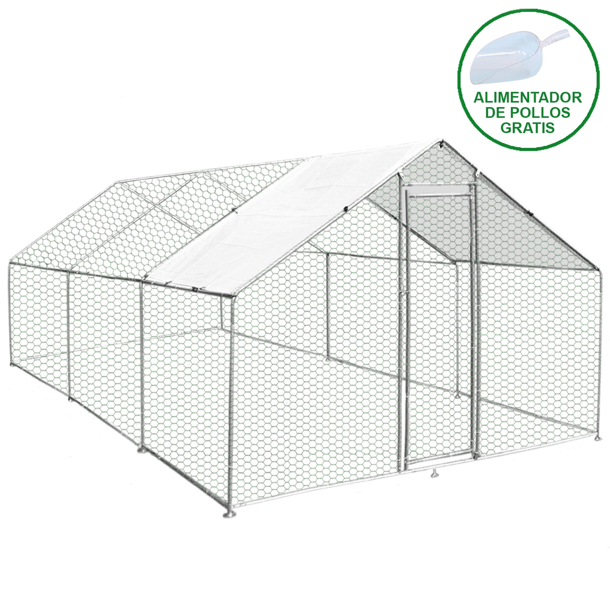 Recinzione per pollaio 4x6m in rete metallica con tetto bianco, porta d'accesso e struttura robusta per allevamento all'aperto