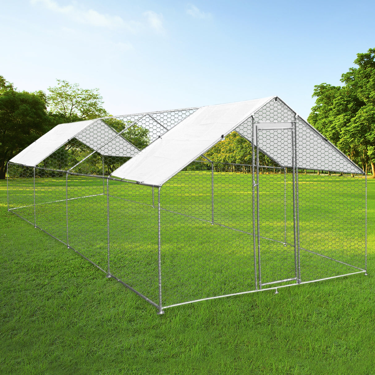 Recinzione per pollai 4x8m in metallo zincato, rete esagonale, tetto bianco, ideale per allevamento di animali all'aperto in giardino