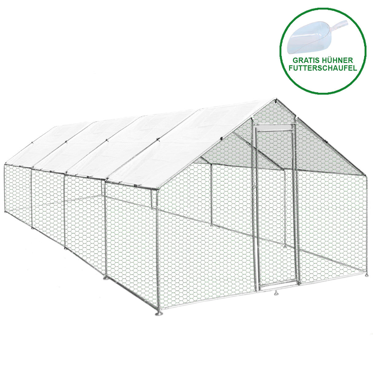 Recinzione per pollaio 4x8m in rete metallica con tetto bianco, struttura robusta e porta d'accesso per allevamento all'aperto