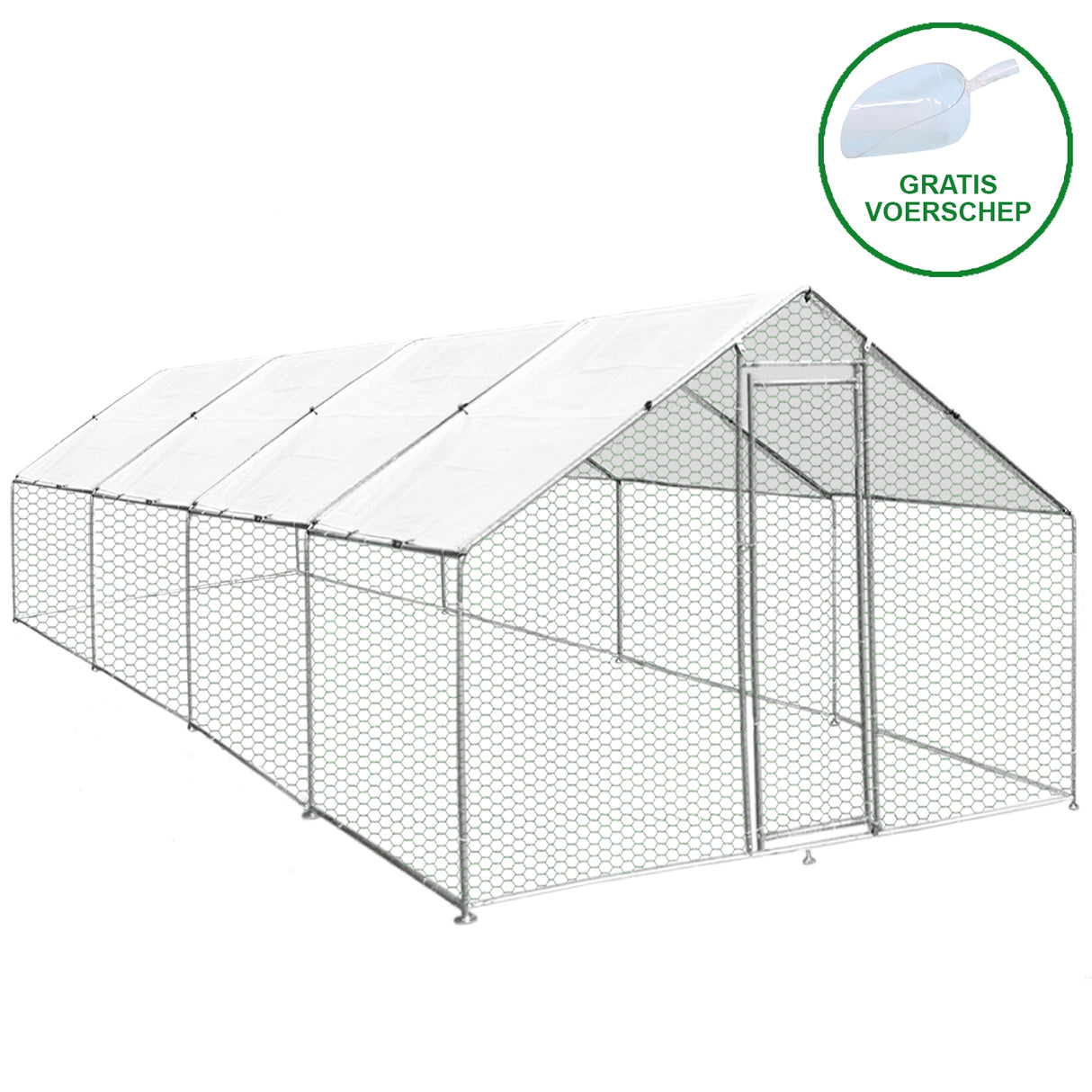 Recinzione per pollaio 4x8m in rete metallica grigia con tetto bianco, ideale per allevamento di animali all'aperto, con porta d'accesso