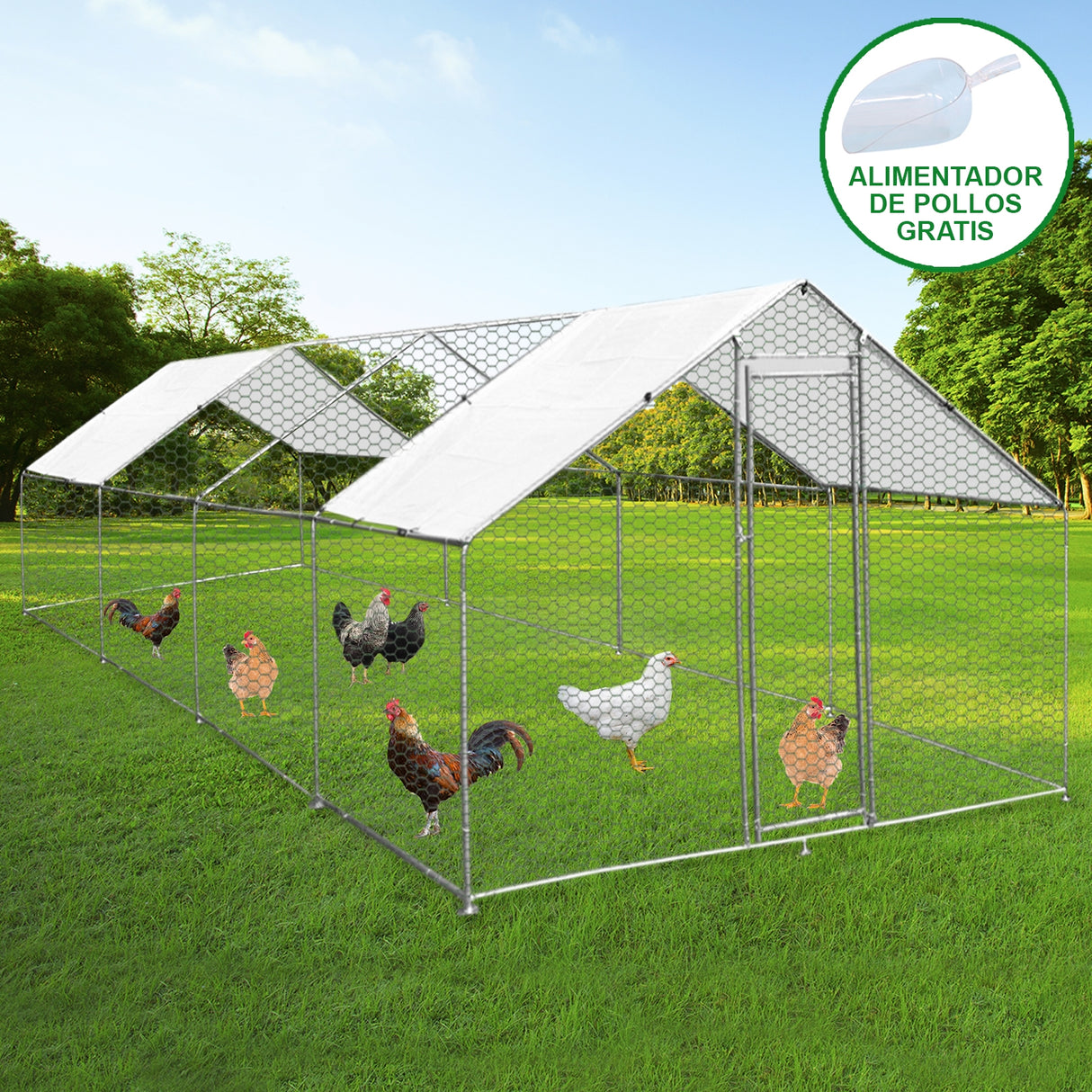 Recinzione per pollaio 4x8m in metallo zincato con rete, tetto bianco, ideale per allevamento di animali all'aperto, resistente e spaziosa